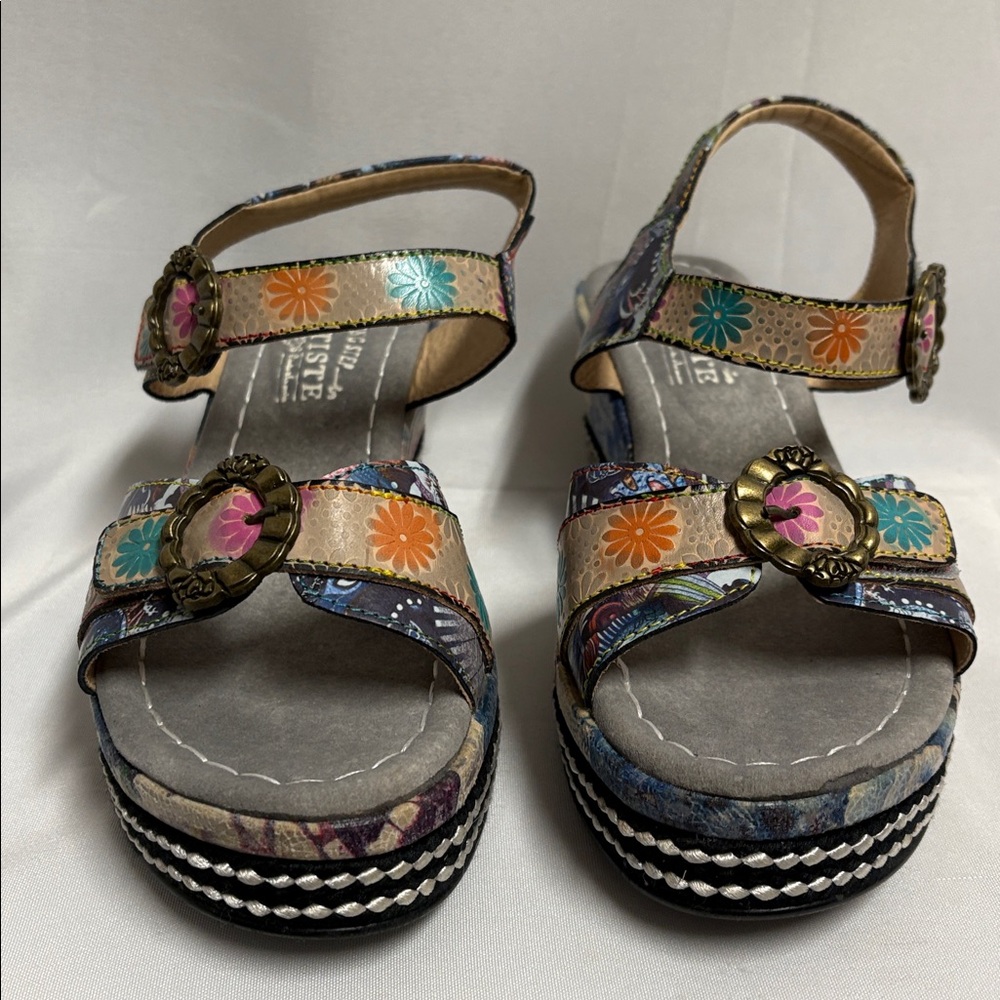 L'artiste Spring Step Flavour Leather Wedge Sandal Gray Floral Size 39/8.5 - Picture 3 of 7